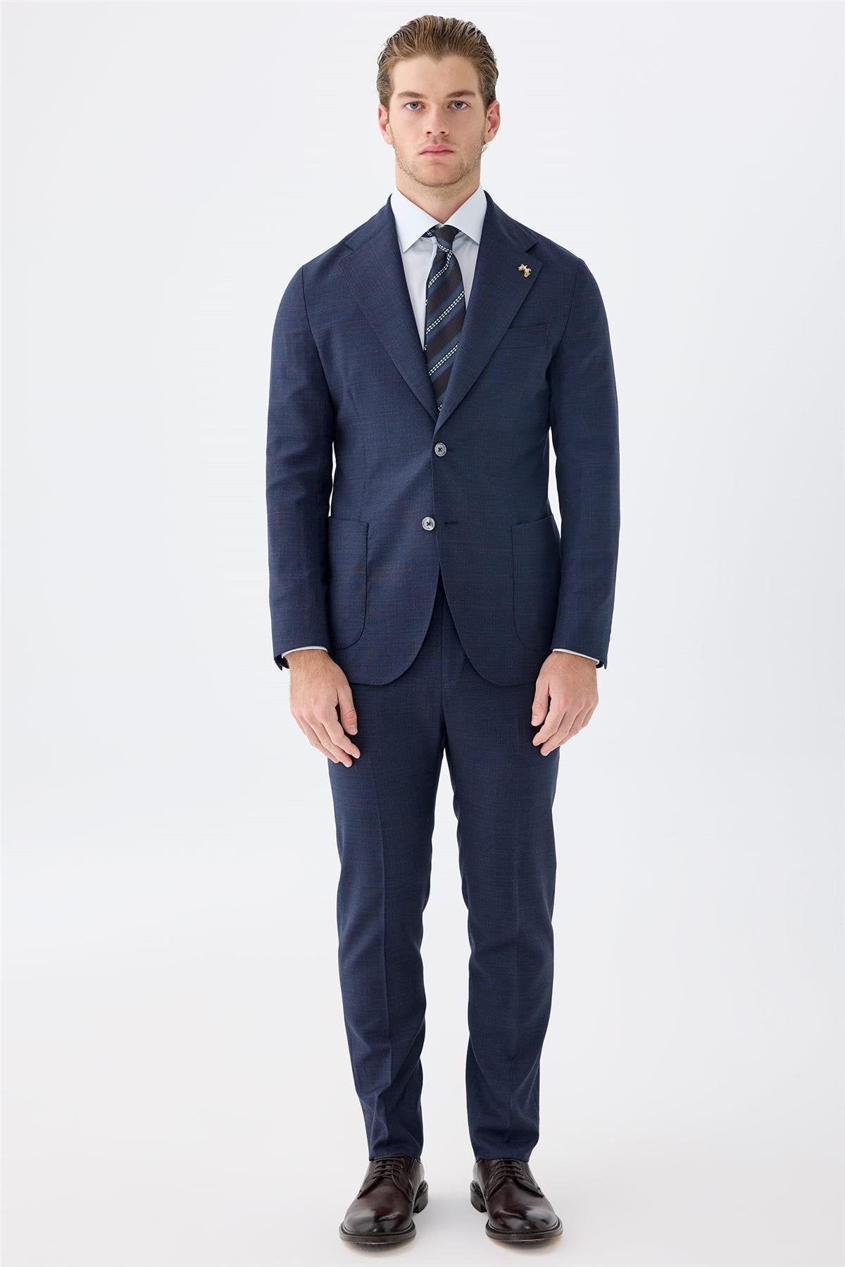 Lacivert Kahverengi Kareli Yün Takım Elbise - Image 1