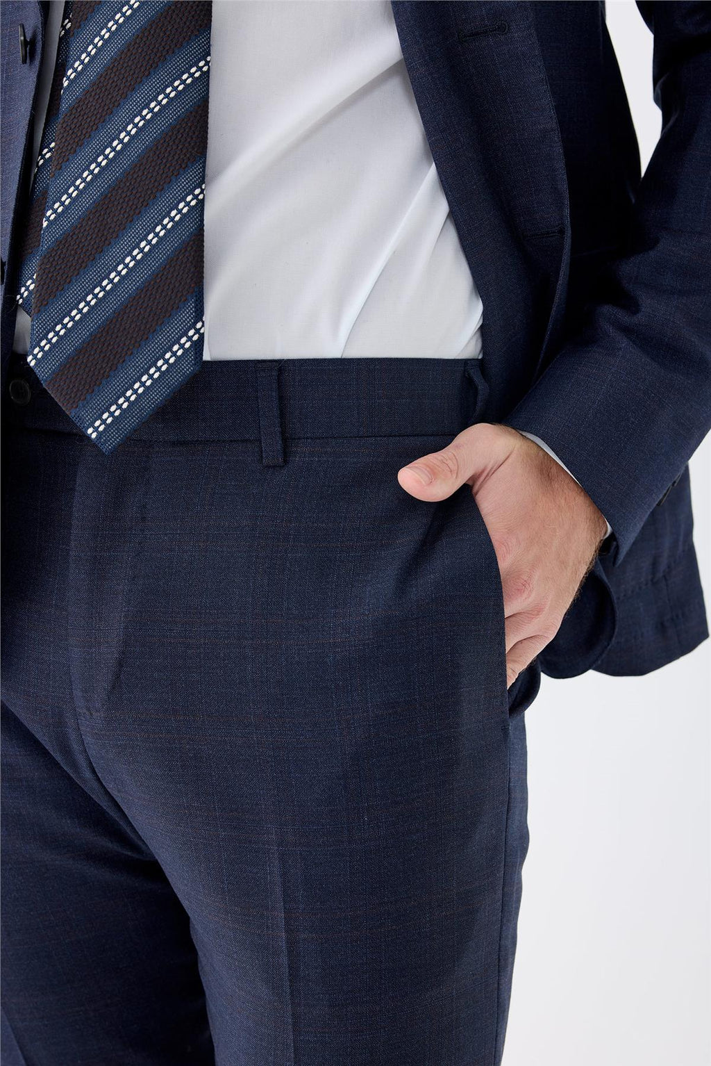 Lacivert Kahverengi Kareli Yün Takım Elbise - Image 5