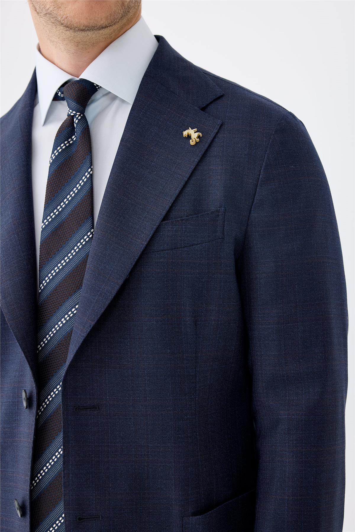 Lacivert Kahverengi Kareli Yün Takım Elbise - Image 3