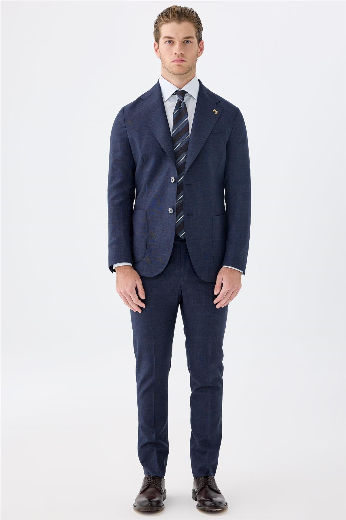 Lacivert Kahverengi Kareli Yün Takım Elbise - Image 2