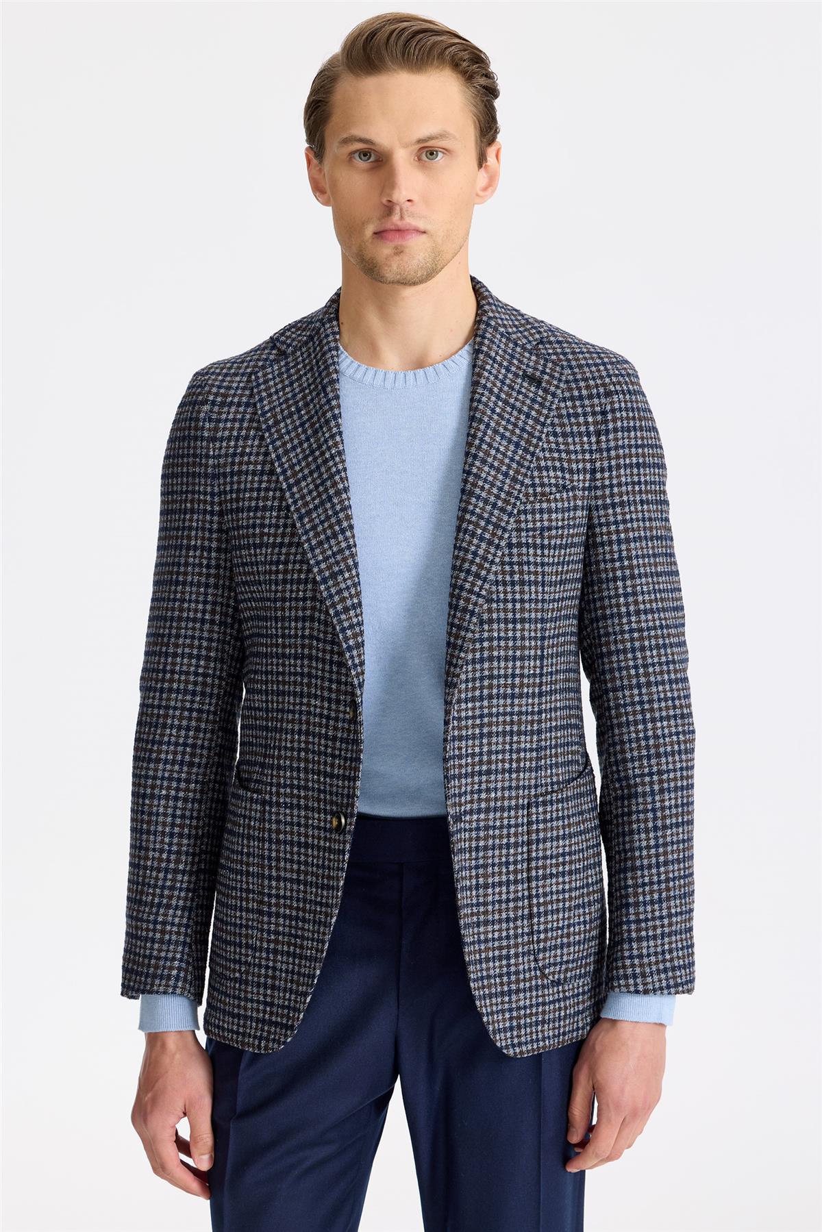 Lacivert Kahverengi Yün İpek Kaşmir Ceket - Image 1