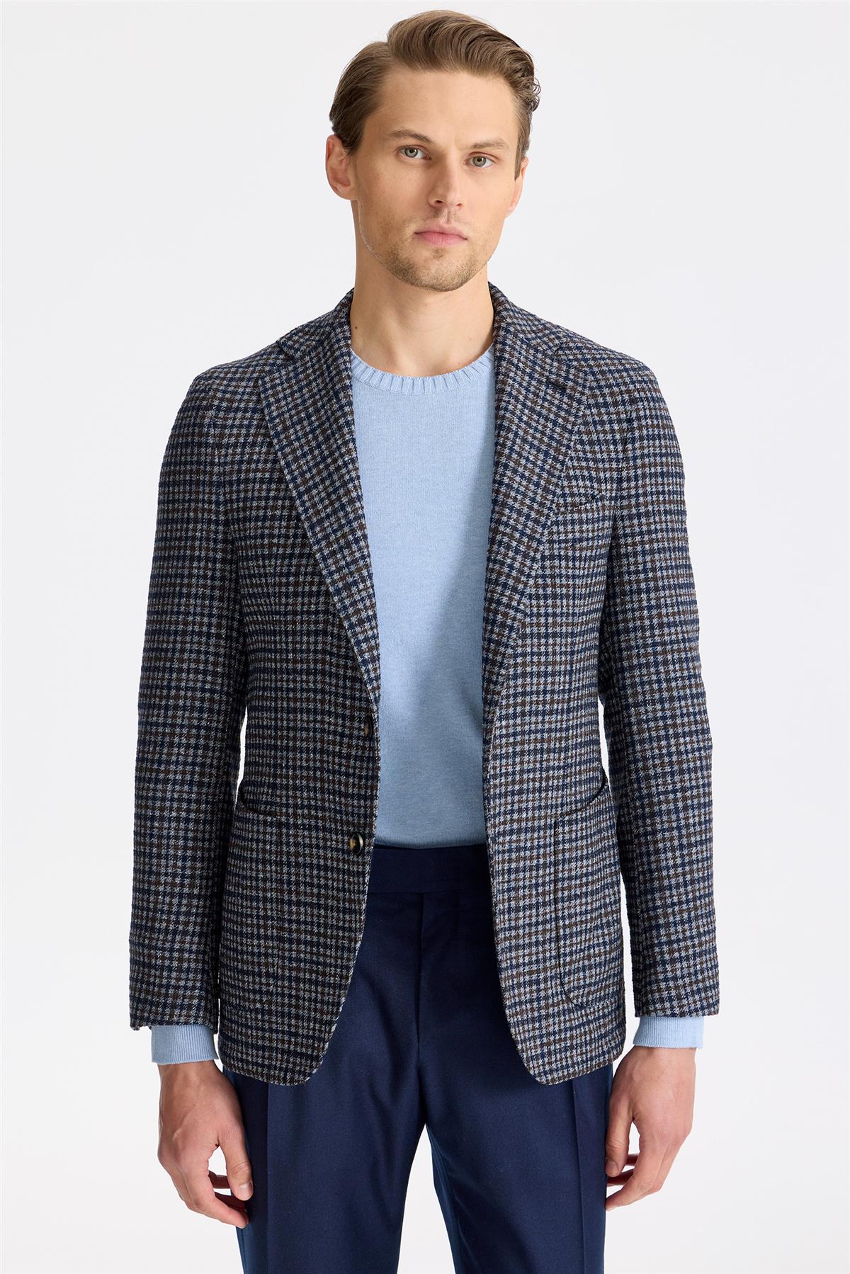 Lacivert Kahverengi Yün İpek Kaşmir Ceket - Image 2