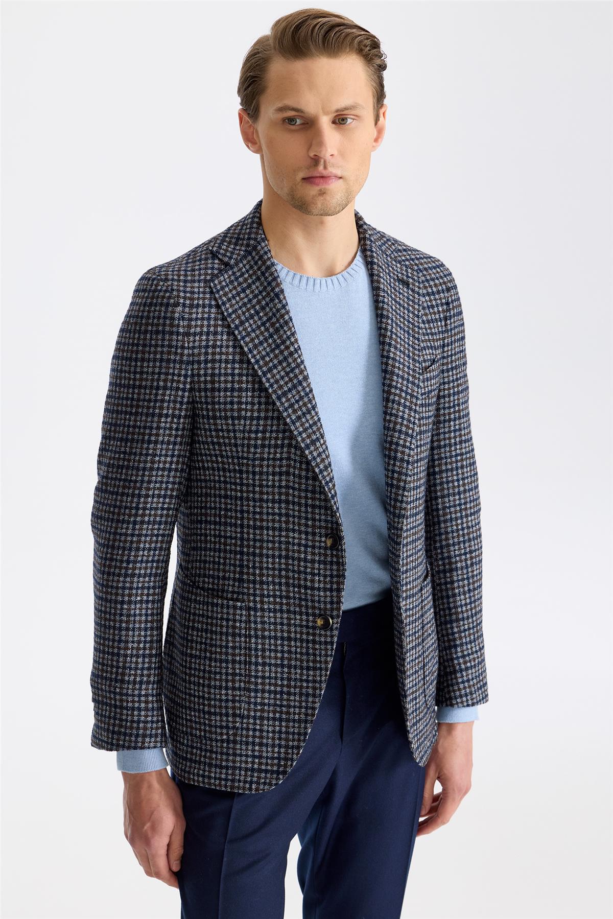 Lacivert Kahverengi Yün İpek Kaşmir Ceket - Image 3