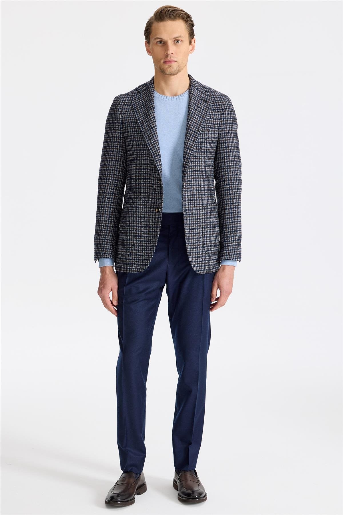 Lacivert Kahverengi Yün İpek Kaşmir Ceket - Image 5