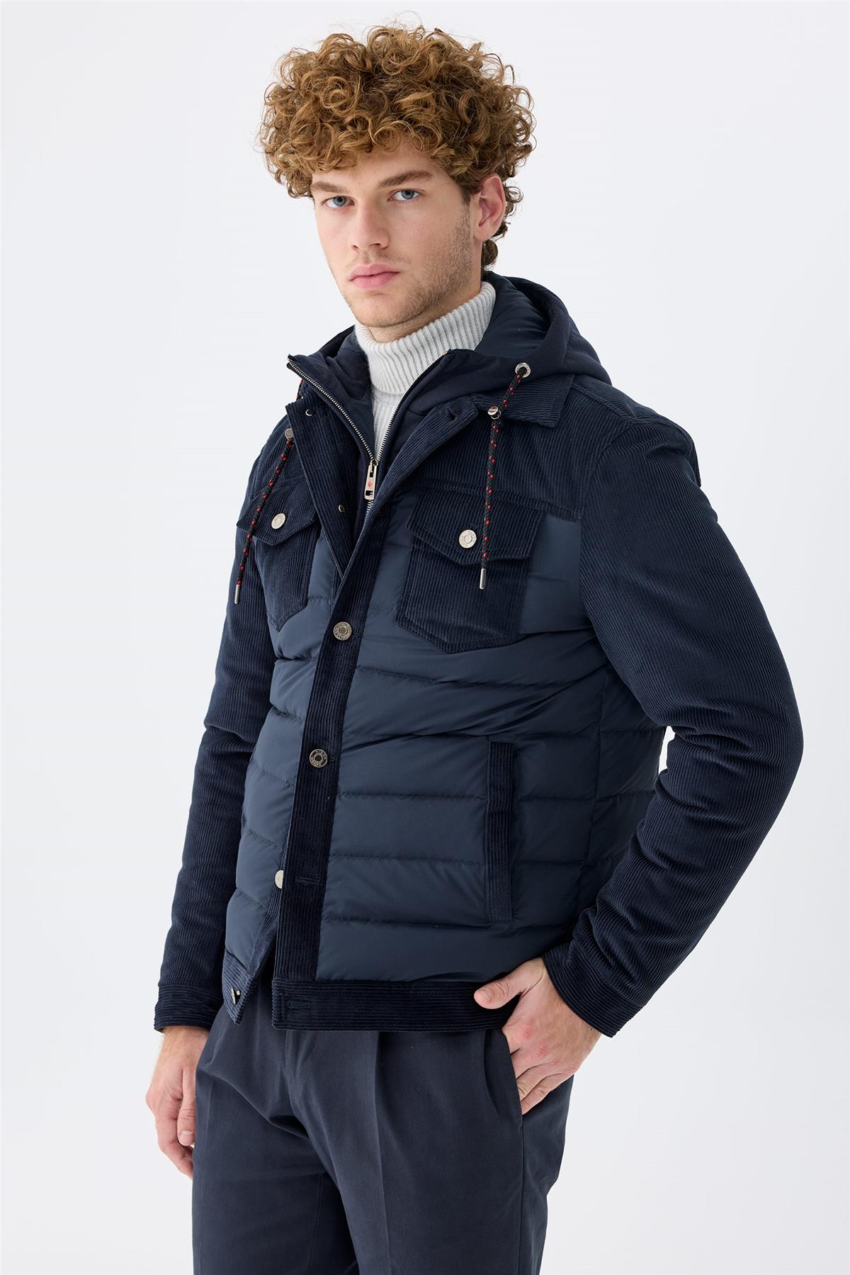 Lacivert Kapüşonlu Pamuk Spor Mont - Image 3