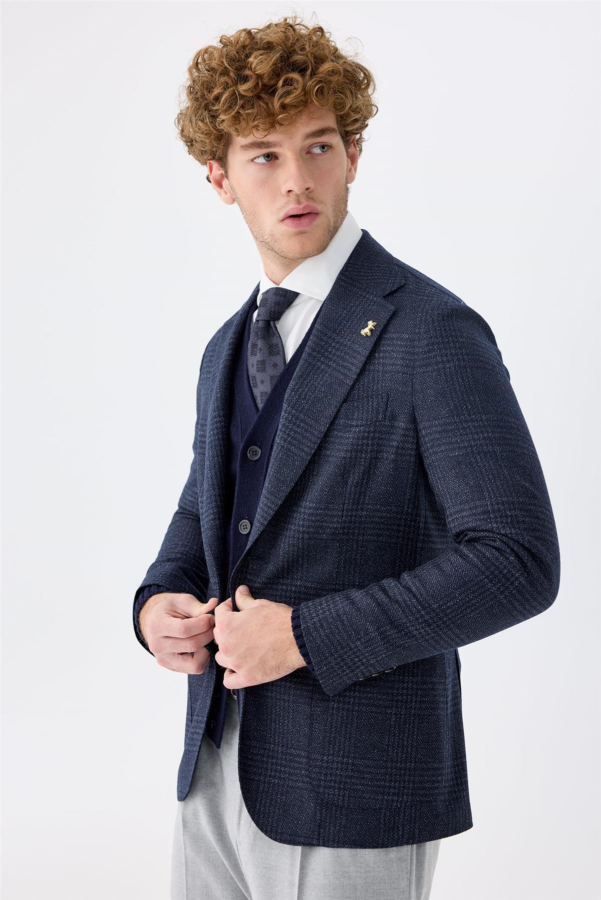 Lacivert Kareli Yün İpek Ceket - Image 3