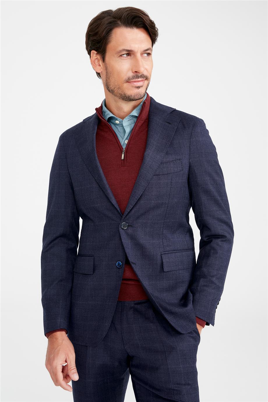 Lacivert Kareli Yün Takım Elbise