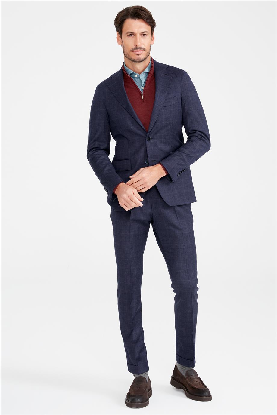 Lacivert Kareli Yün Takım Elbise