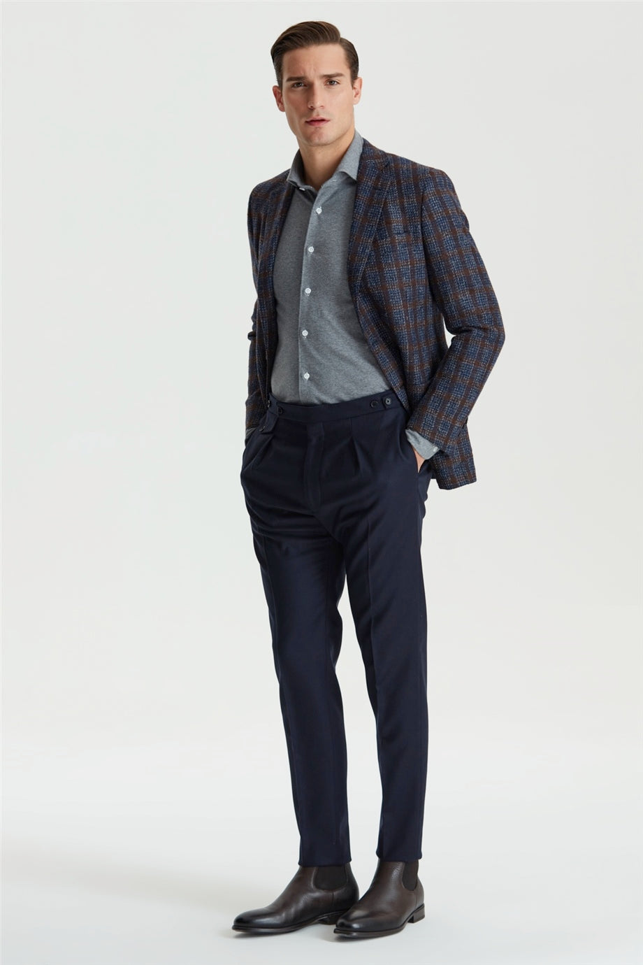 Lacivert Kemersiz Pileli Flanel Pantolon - 6