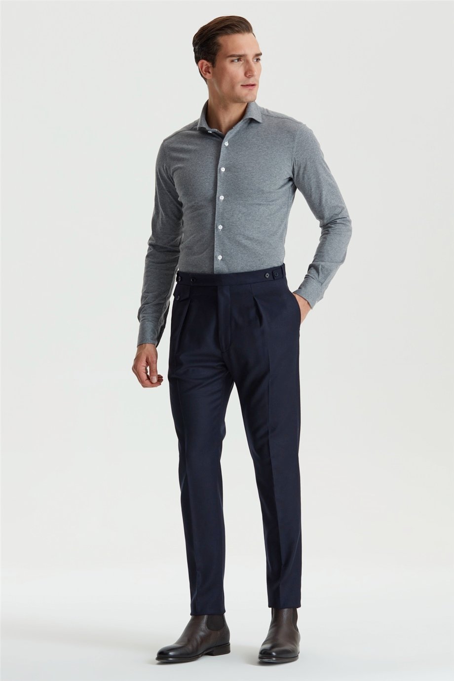 Lacivert Kemersiz Pileli Flanel Pantolon - Image 1