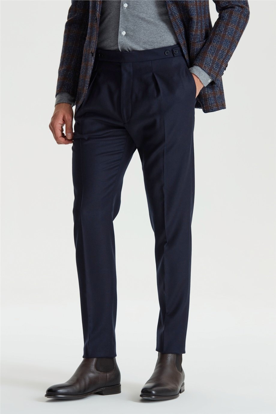 Lacivert Kemersiz Pileli Flanel Pantolon - Image 4