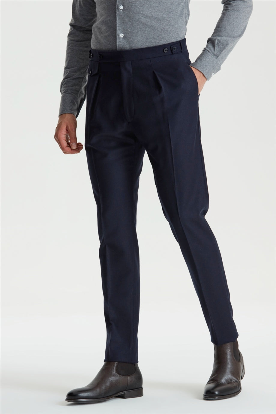 Lacivert Kemersiz Pileli Flanel Pantolon - 7