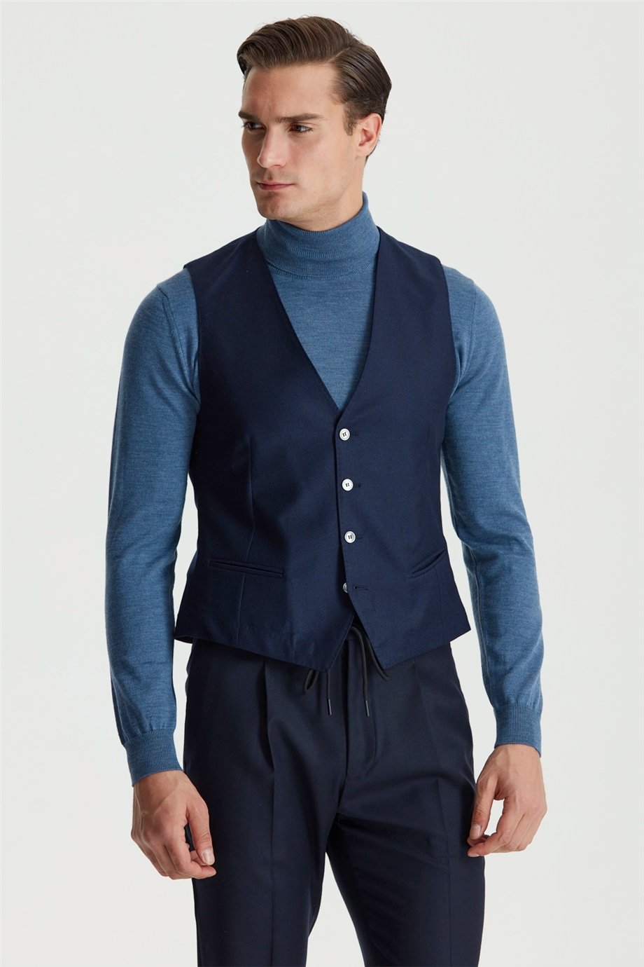 Lacivert Klasik Flanel Yün Yelek - Image 1