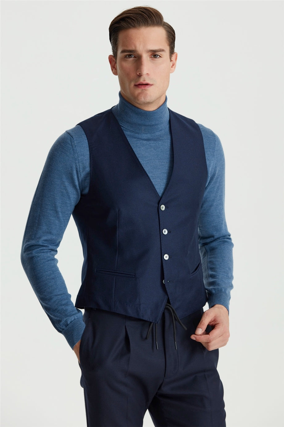 Lacivert Klasik Flanel Yün Yelek - Image 3