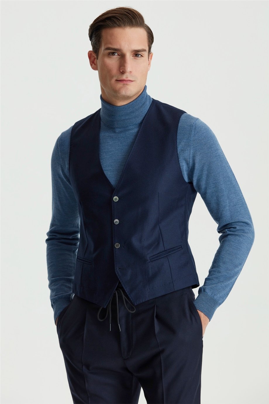Lacivert Klasik Flanel Yün Yelek - Image 2