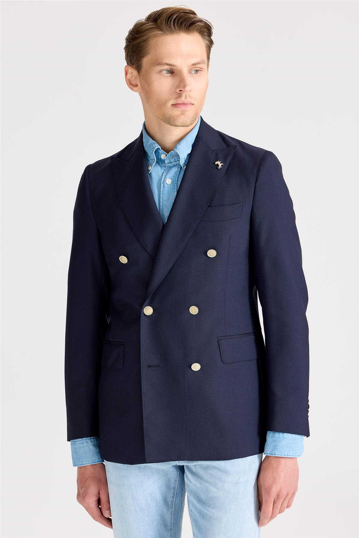 Lacivert Kruvaze Yün Blazer Ceket - Image 4