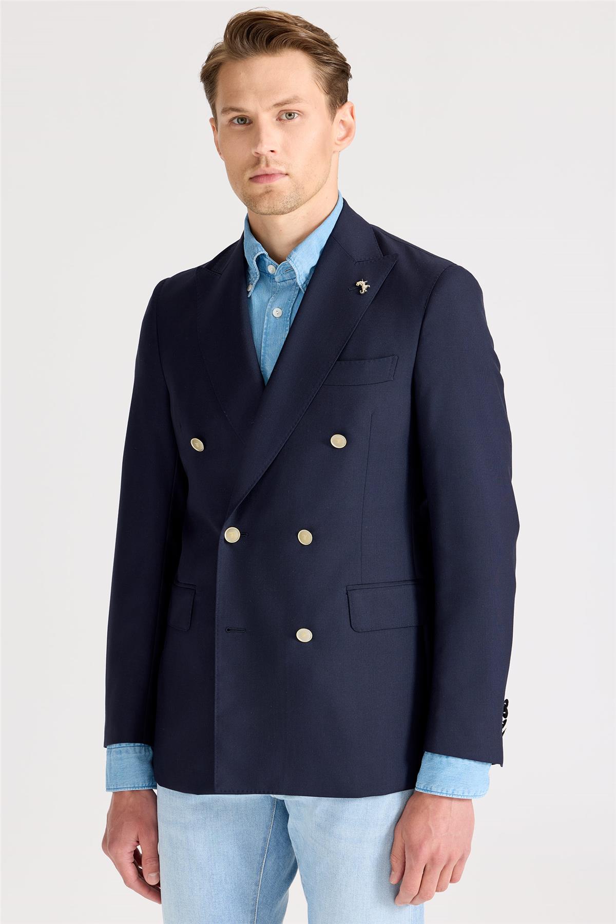 Lacivert Kruvaze Yün Blazer Ceket - Image 3