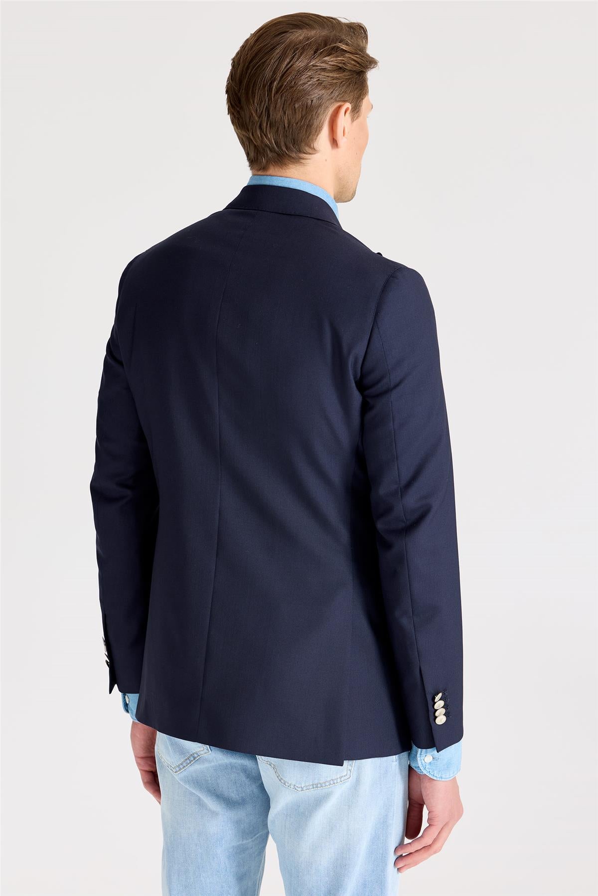 Lacivert Kruvaze Yün Blazer Ceket - 8