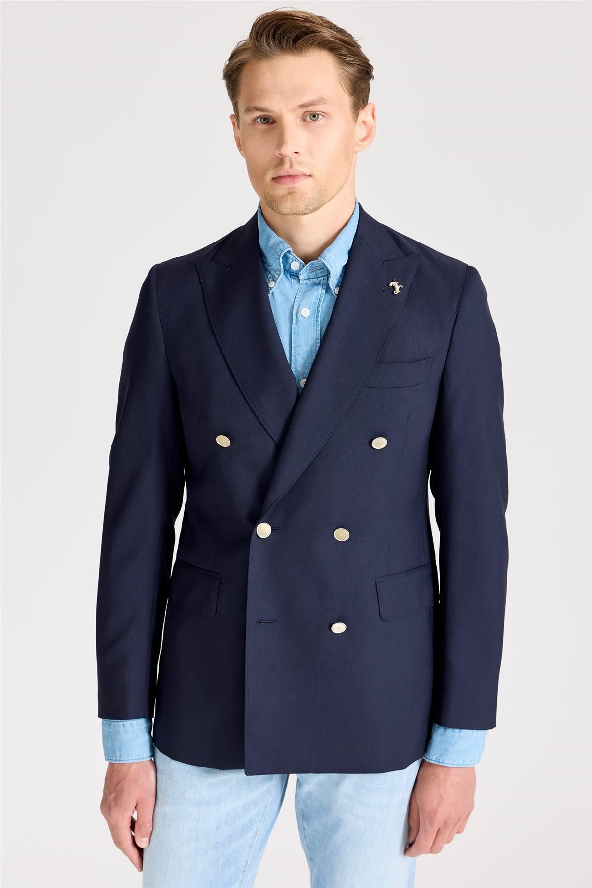 Lacivert Kruvaze Yün Blazer Ceket - 6