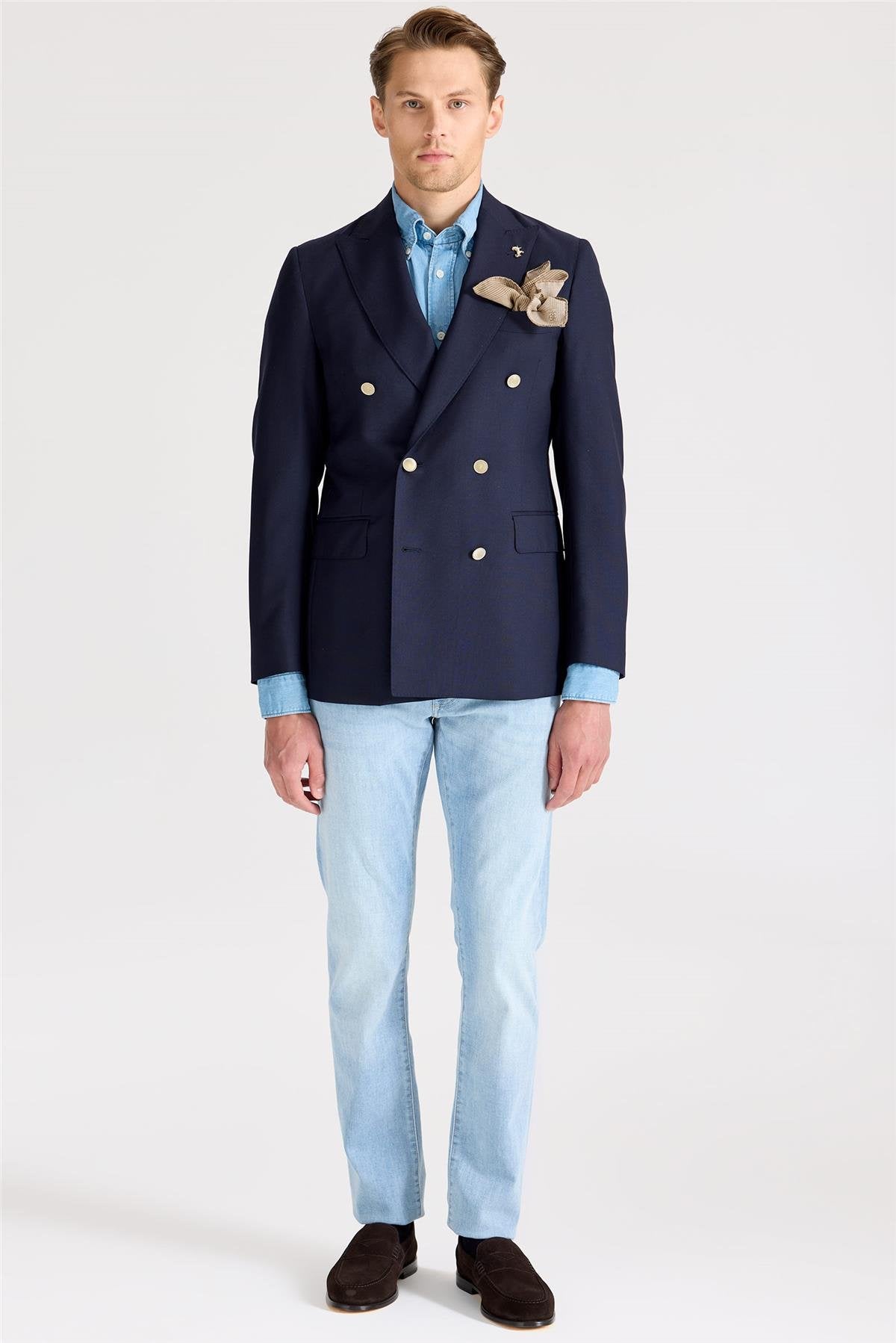 Lacivert Kruvaze Yün Blazer Ceket - Image 1