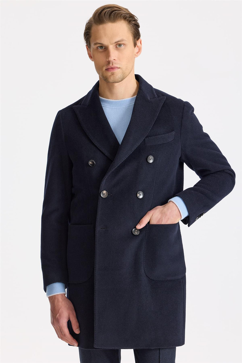 Lacivert Kruvaze Yün Kaşmir Palto - Image 4