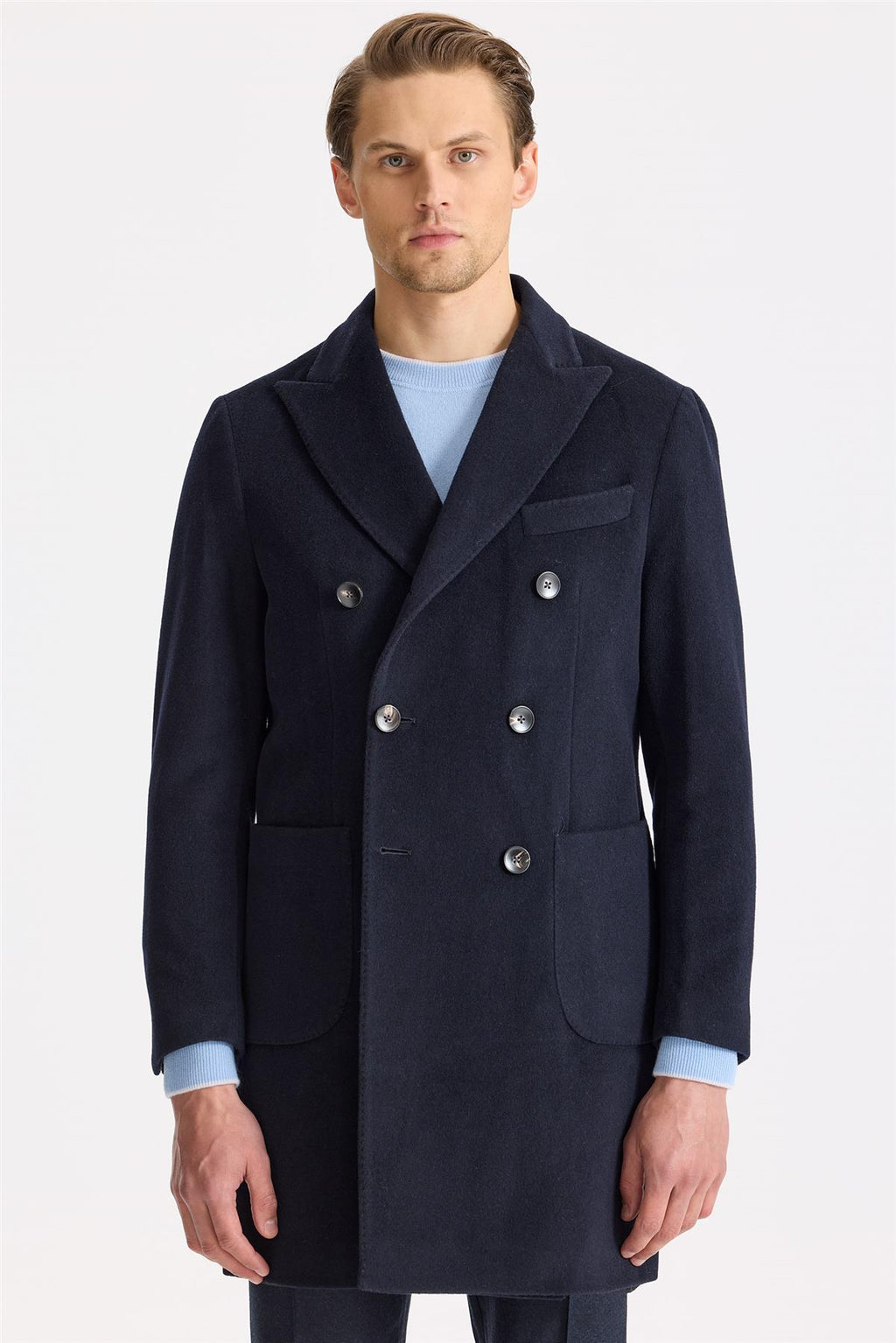 Lacivert Kruvaze Yün Kaşmir Palto - Image 2