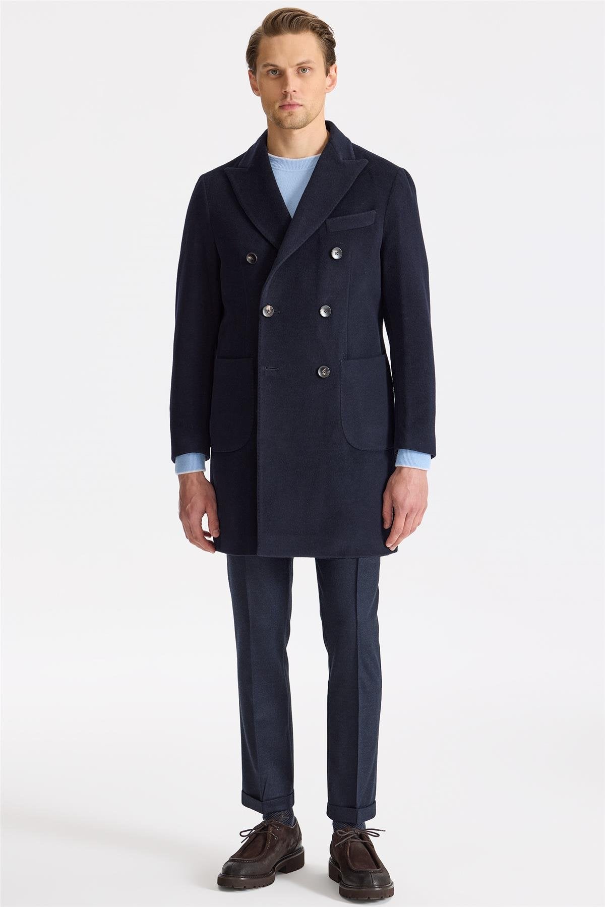 Lacivert Kruvaze Yün Kaşmir Palto - Image 1