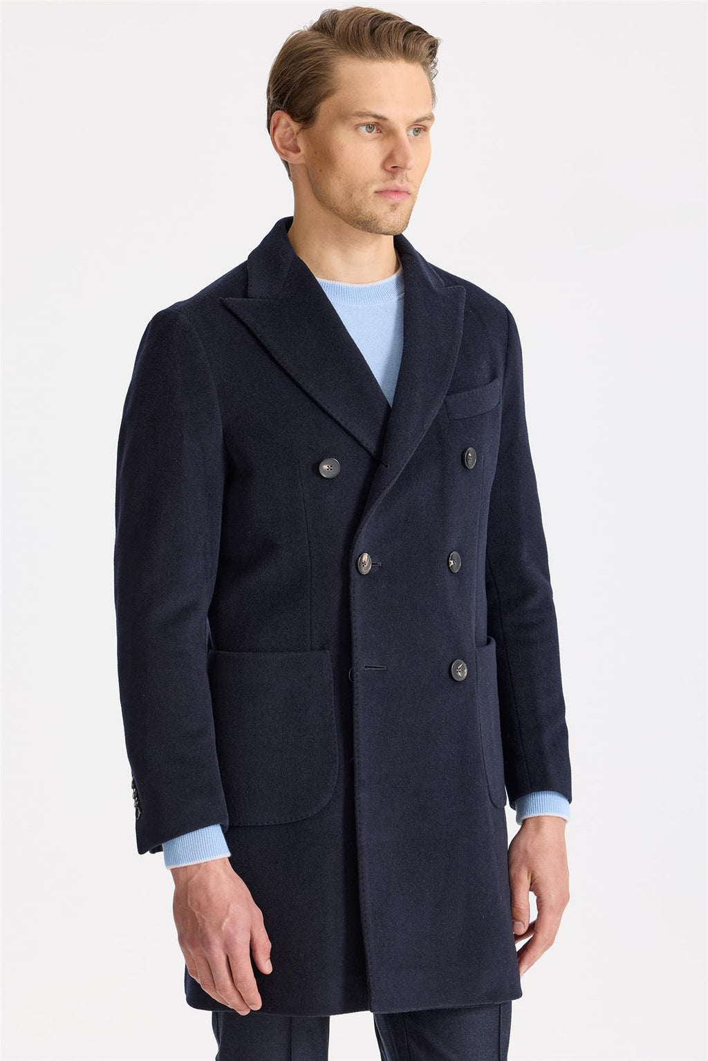Lacivert Kruvaze Yün Kaşmir Palto - Image 5