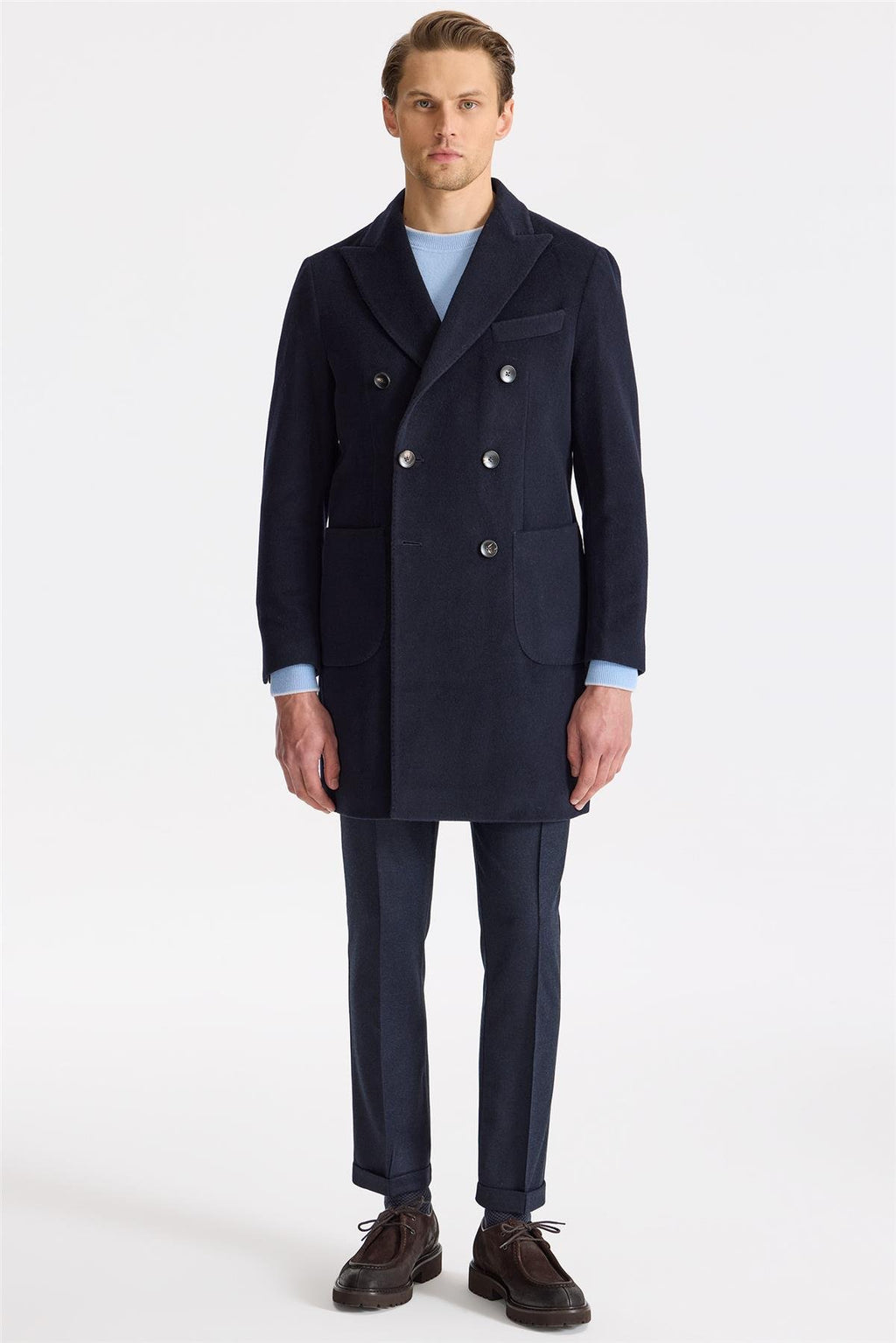 Lacivert Kruvaze Yün Kaşmir Palto - Image 3