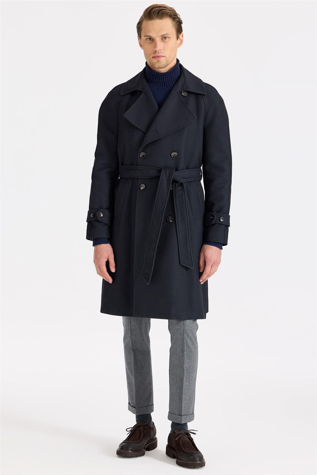 Lacivert Kruvaze Yün Teknik Palto - Image 2
