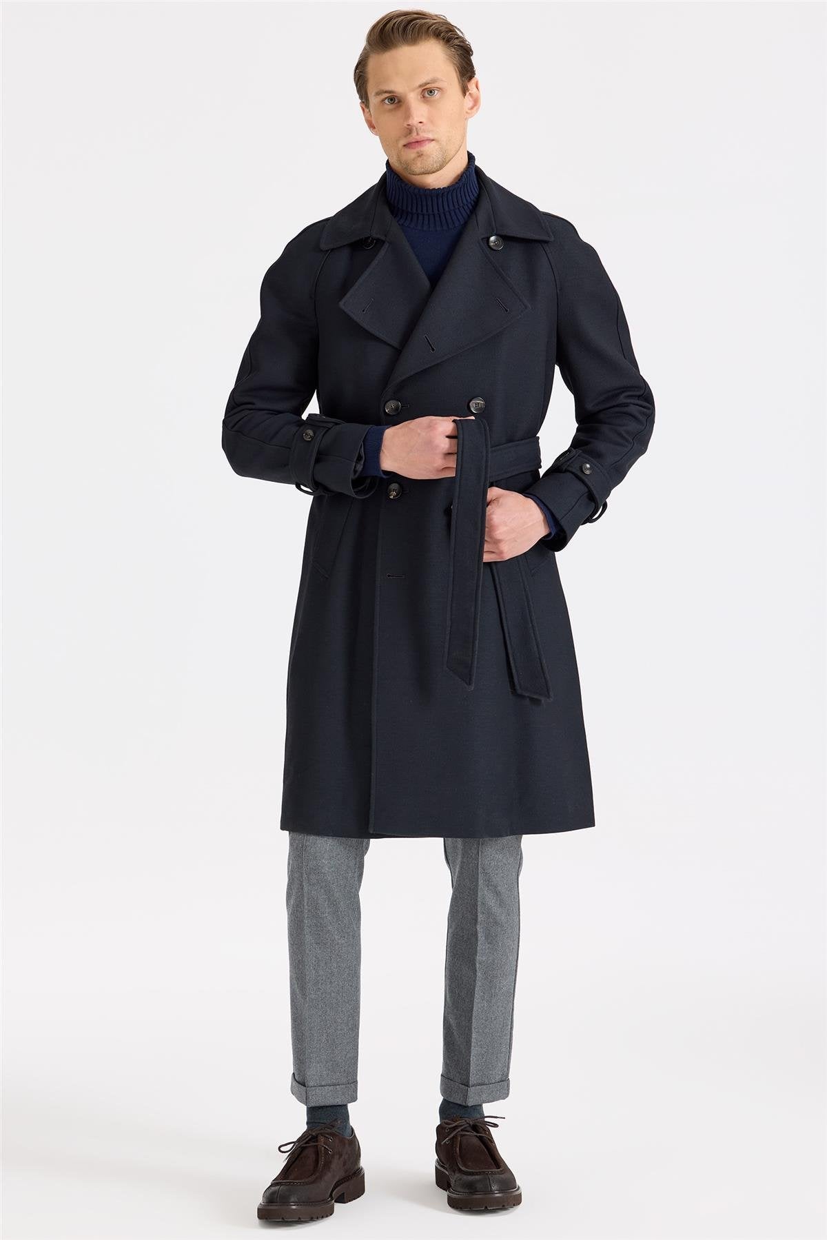 Lacivert Kruvaze Yün Teknik Palto - Image 3