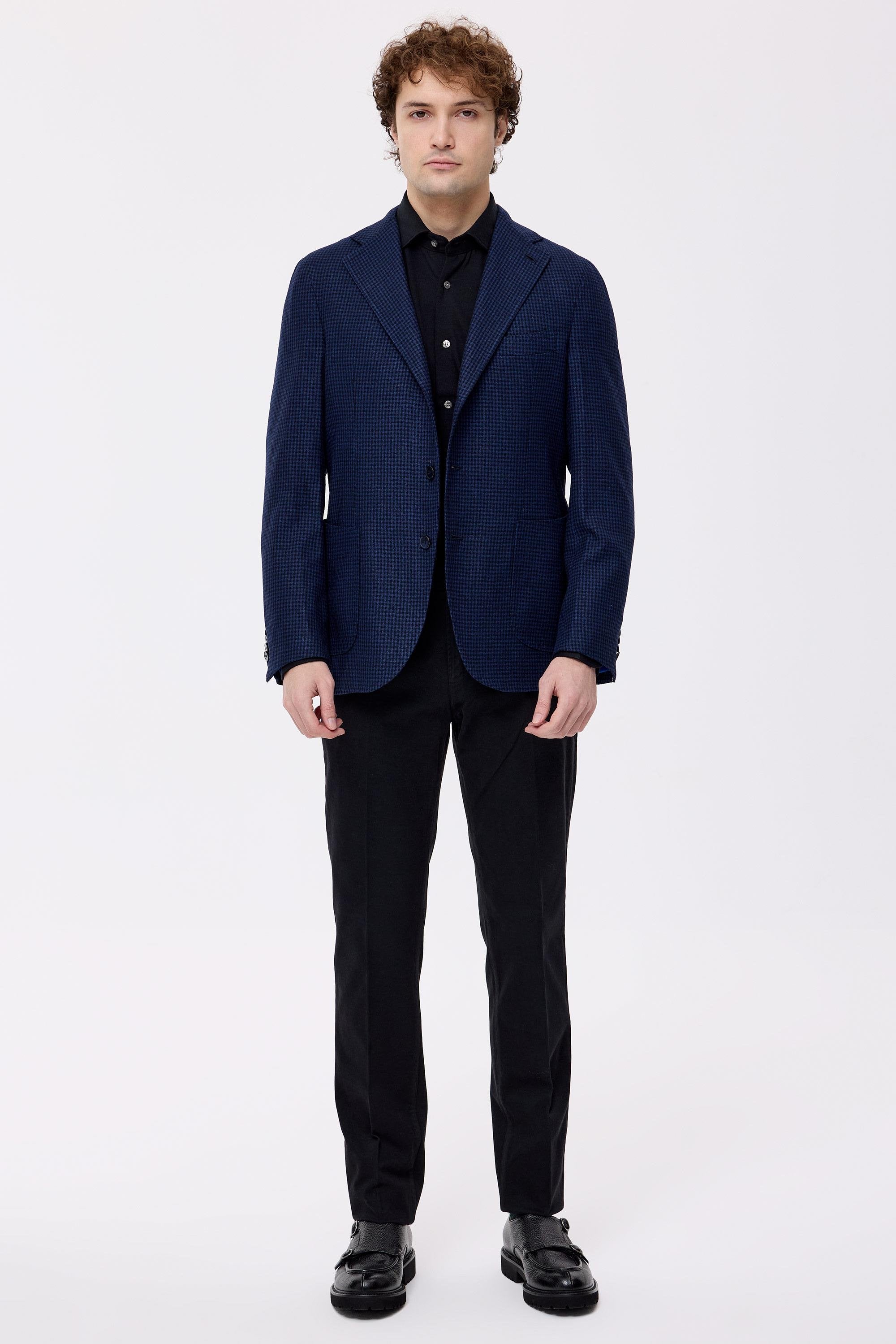 Lacivert Mavi Kareli Yün Kaşmir Ceket - Image 1