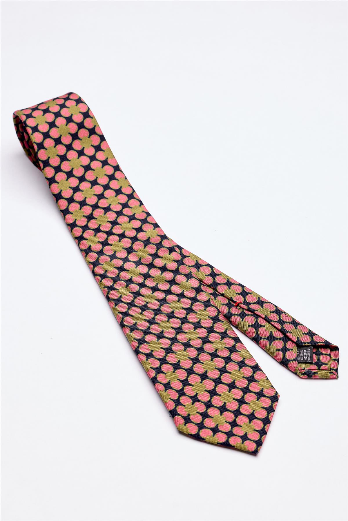 Lacivert Pembe Yeşil Desenli 7 Fold İpek Kravat - Image 1