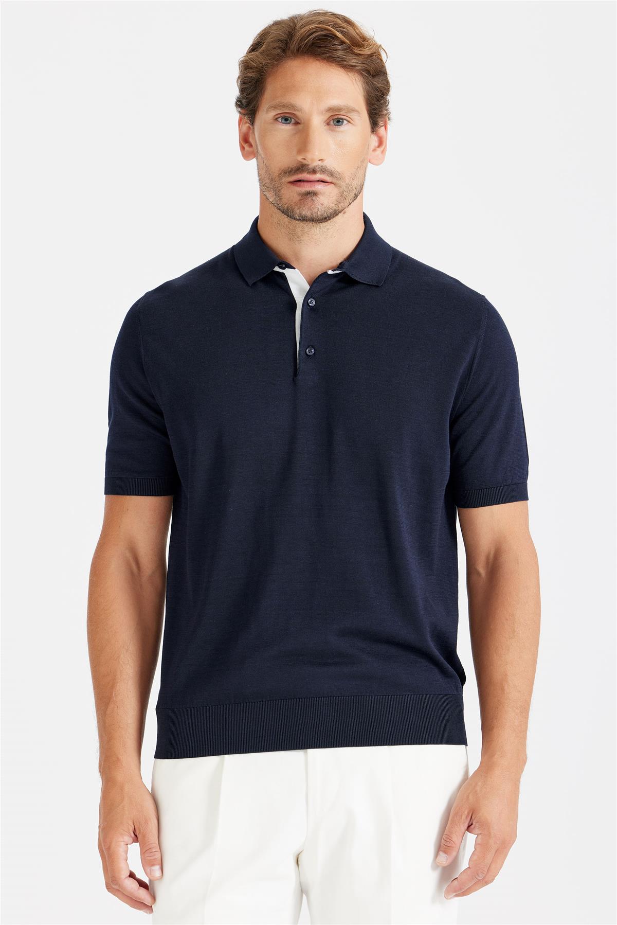 Lacivert Polo Yaka Pamuk İpek Triko - Image 1