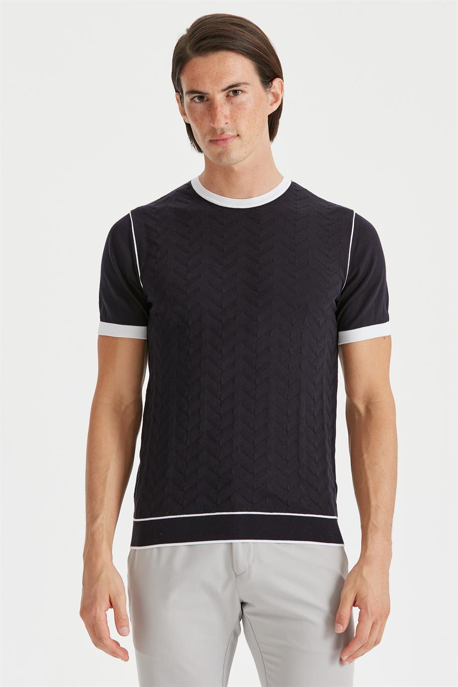 Lacivert Sıfır Yaka Erkek Triko T-Shirt - Image 1