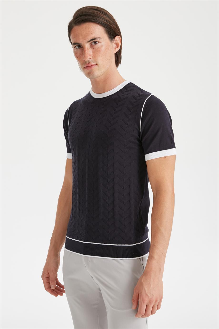 Lacivert Sıfır Yaka Erkek Triko T-Shirt - Image 2