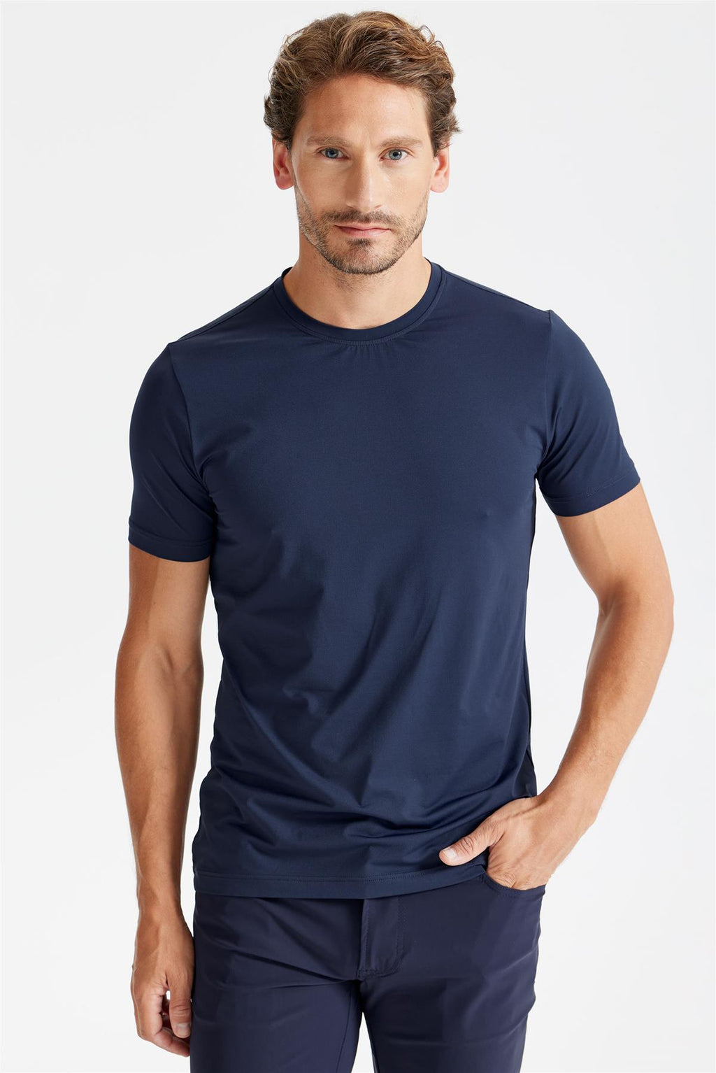 Lacivert Sıfır Yaka Teknik Kumaş T-Shirt - Image 5