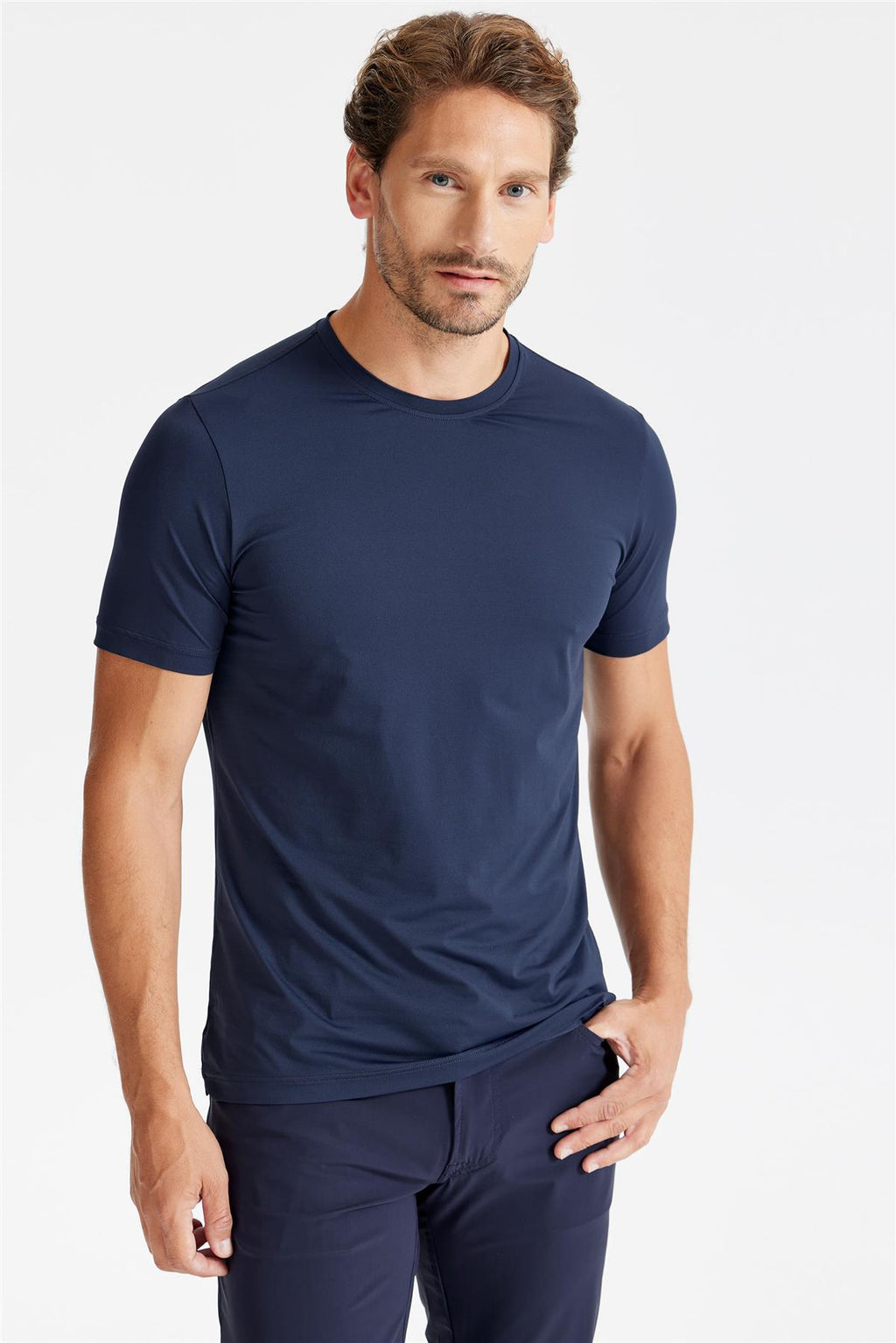 Lacivert Sıfır Yaka Teknik Kumaş T-Shirt - Image 3