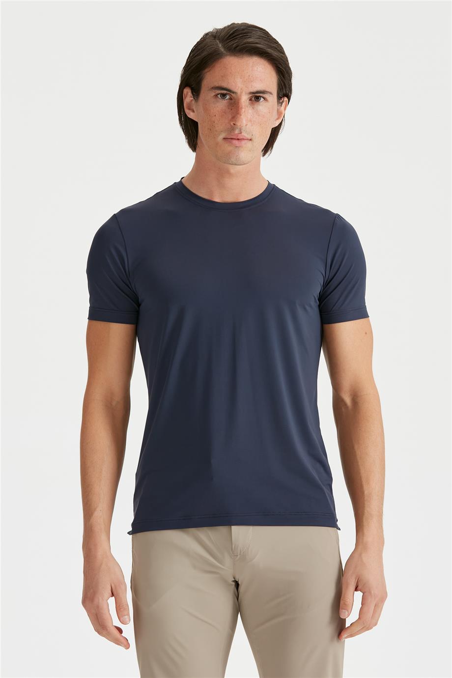 Lacivert Sıfır Yaka Teknik Kumaş T-Shirt - 1