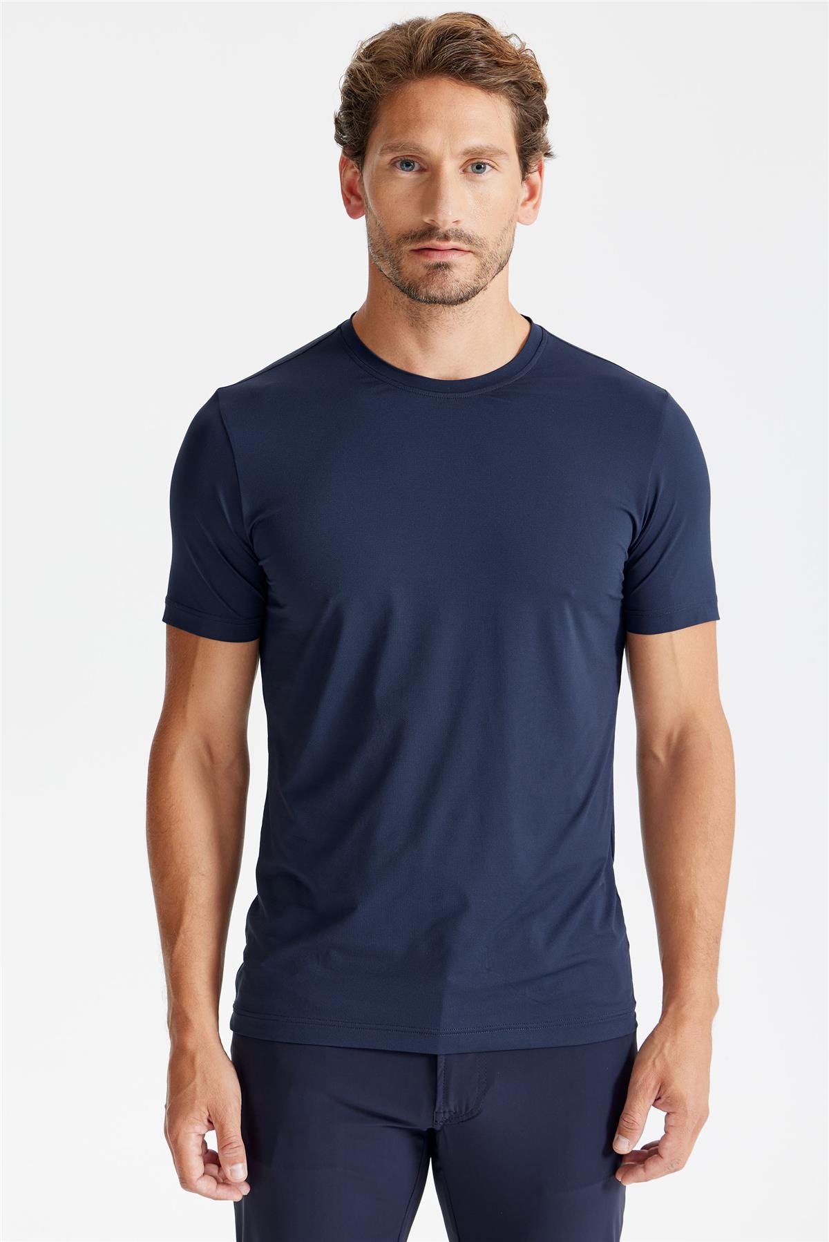 Lacivert Sıfır Yaka Teknik Kumaş T-Shirt