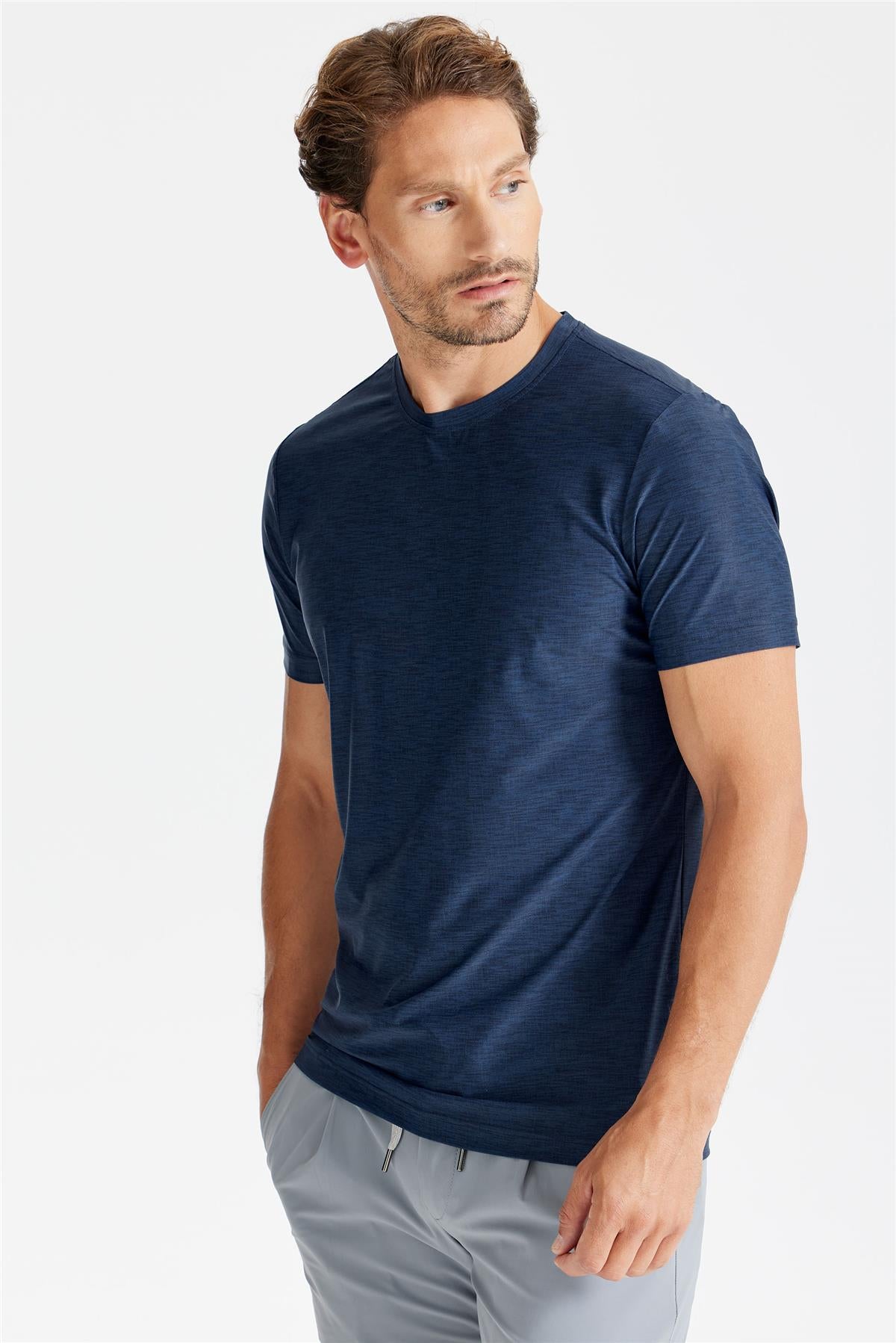 Lacivert Sıfır Yaka Teknik Kumaş T-Shirt - 8