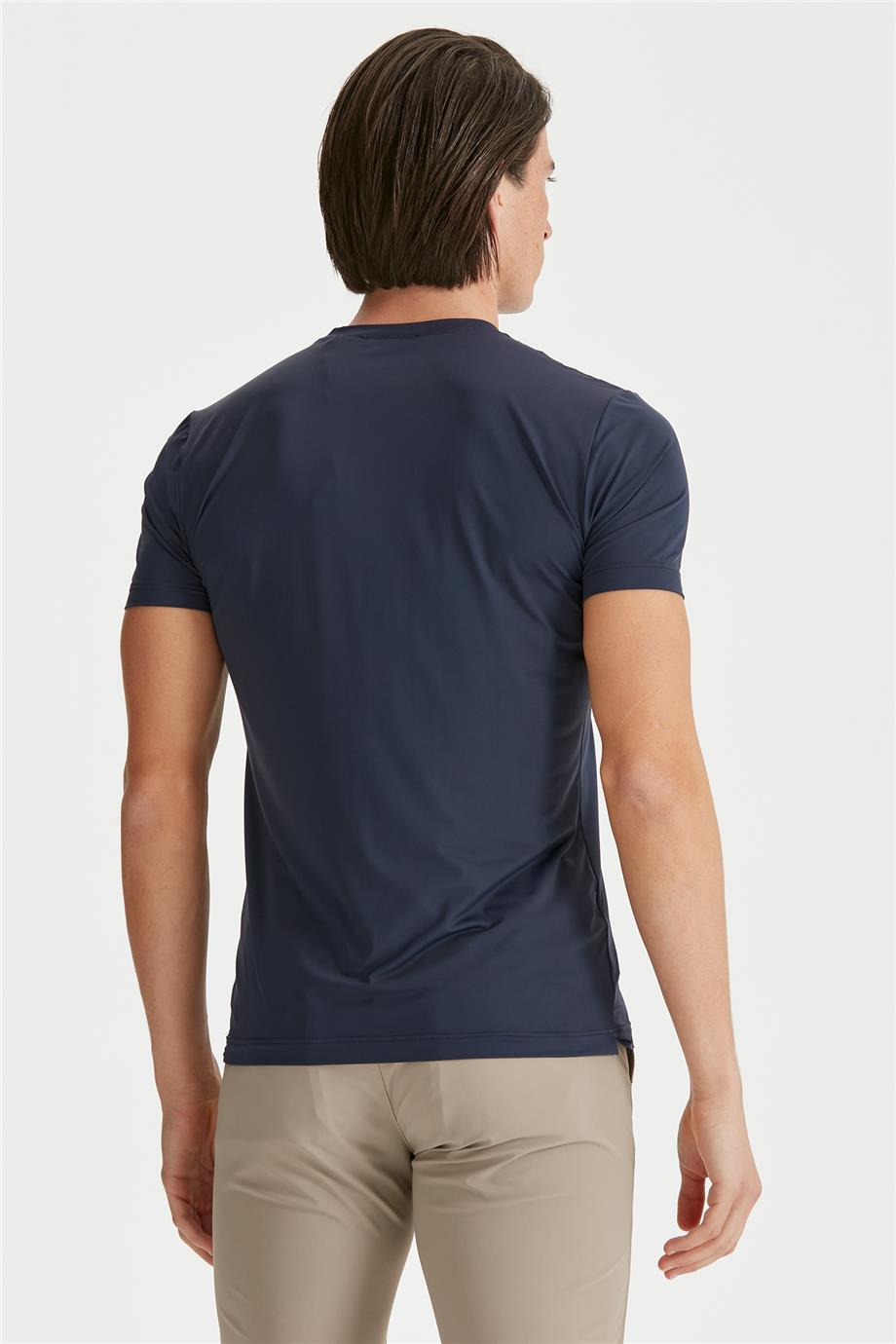 Lacivert Sıfır Yaka Teknik Kumaş T-Shirt - 3