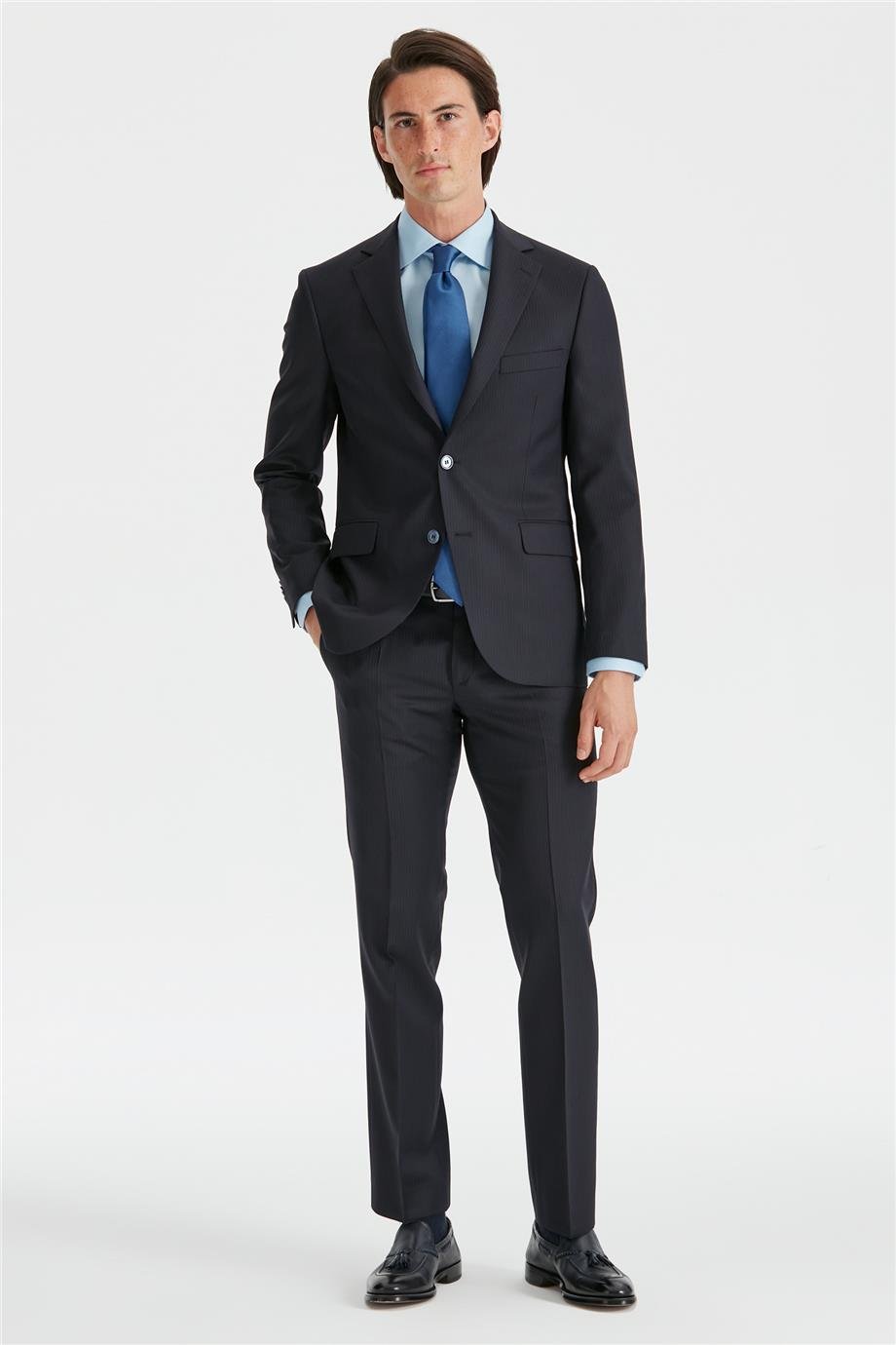 Lacivert Silik Çizgili Yün Takım Elbise - Image 3