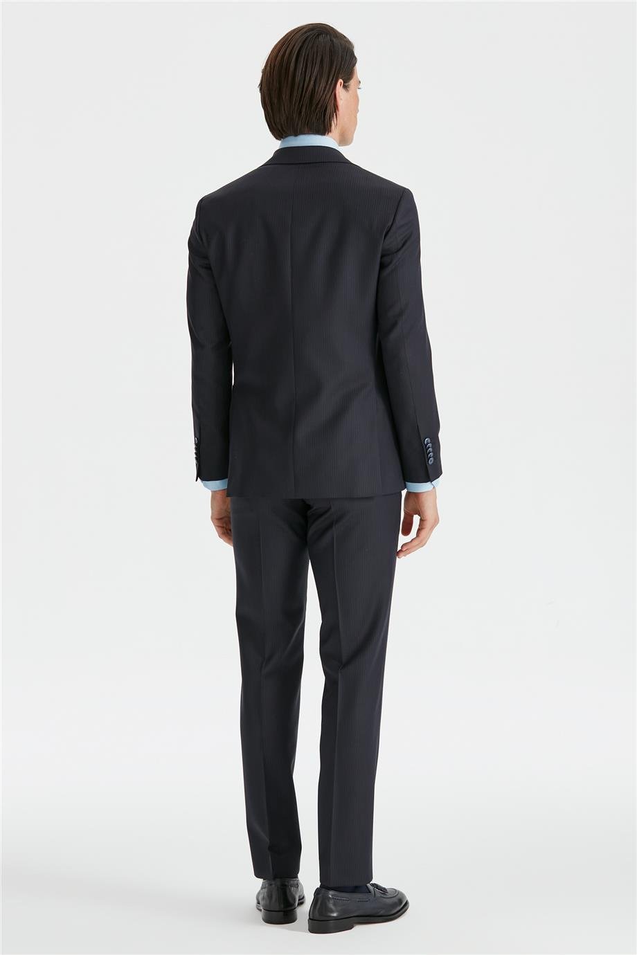 Lacivert Silik Çizgili Yün Takım Elbise - Image 5