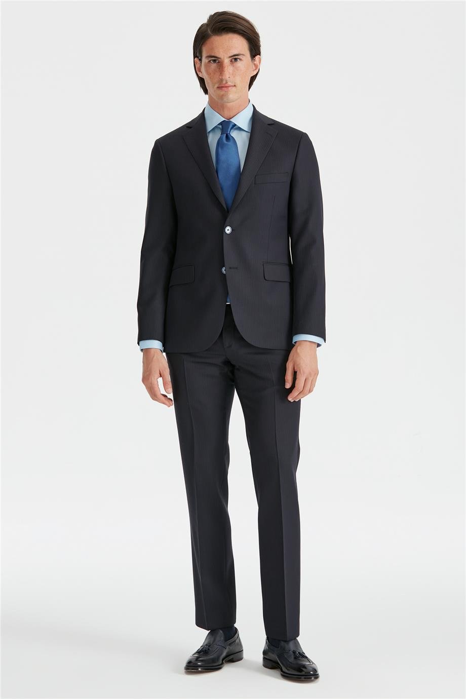 Lacivert Silik Çizgili Yün Takım Elbise - Image 1