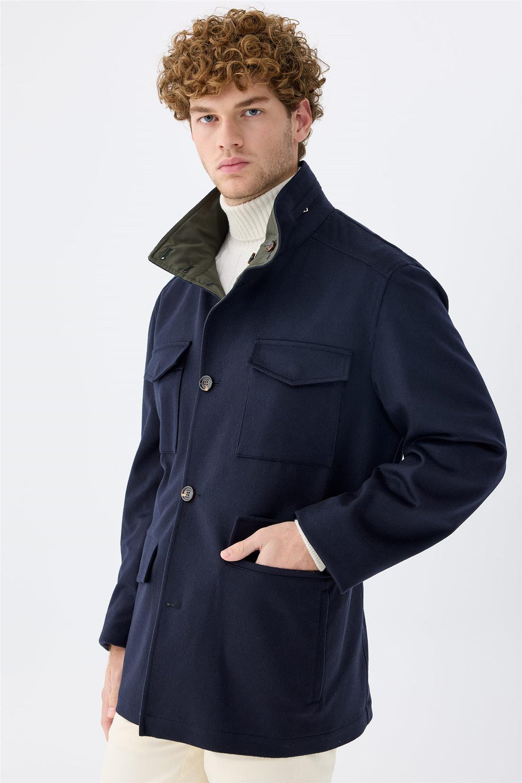 Lacivert Yeşil Çift Taraflı Kaşmir Mont - Image 1