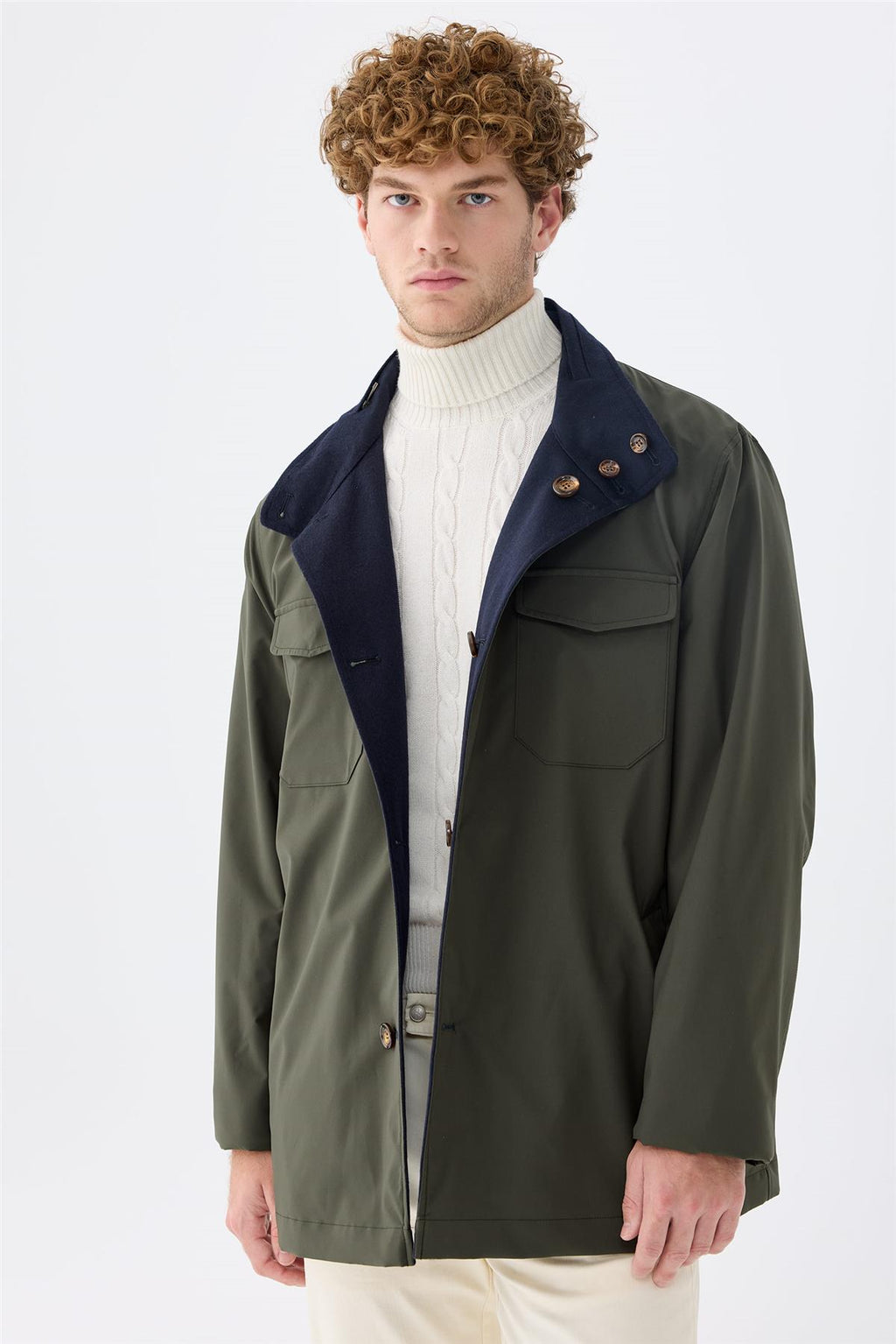 Lacivert Yeşil Çift Taraflı Kaşmir Mont - Image 2