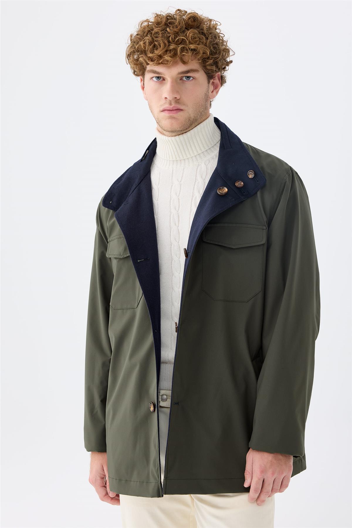 Lacivert Yeşil Çift Taraflı Kaşmir Mont - Image 2