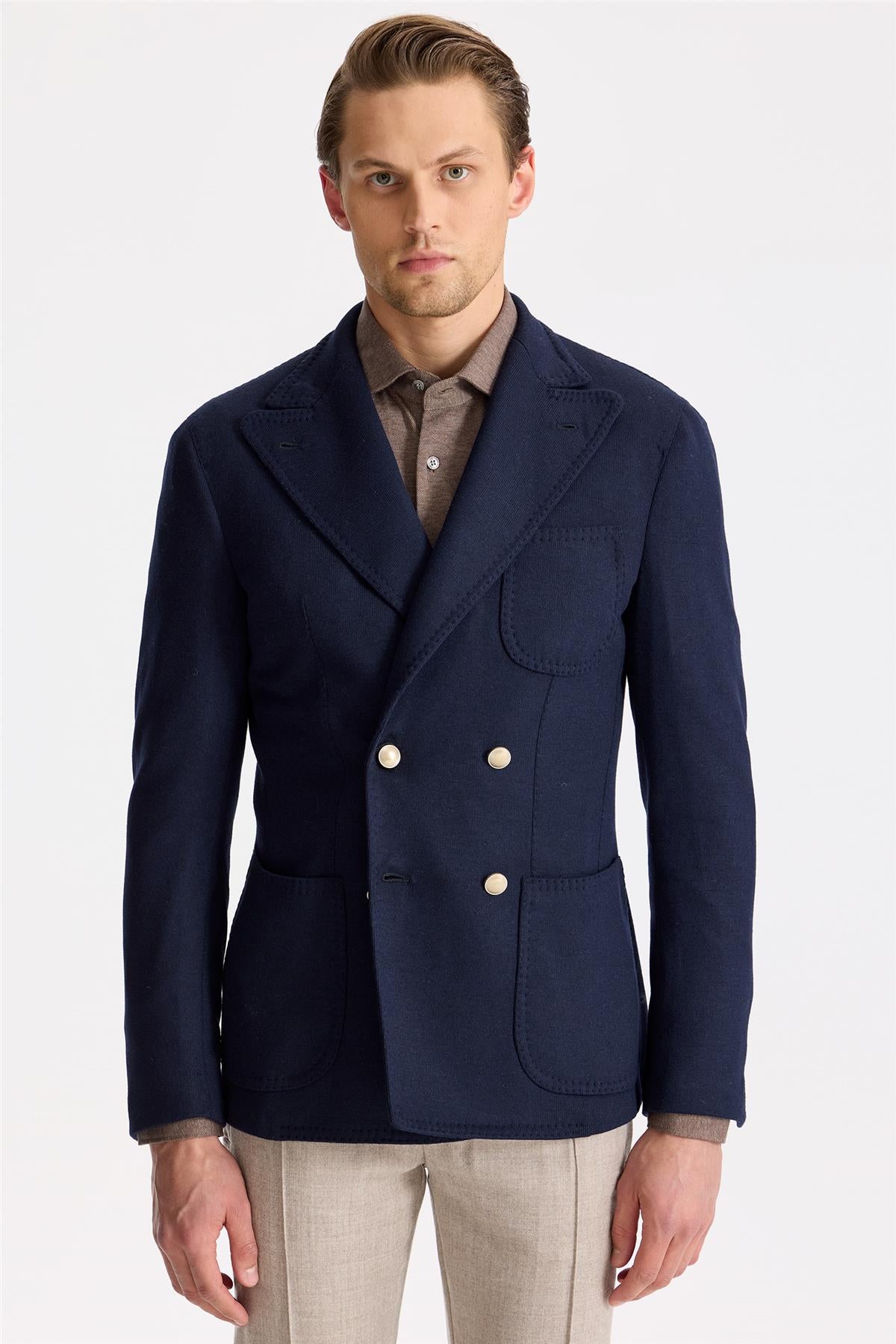 Lacivert Yün Kaşmir Triko Ceket - Image 1