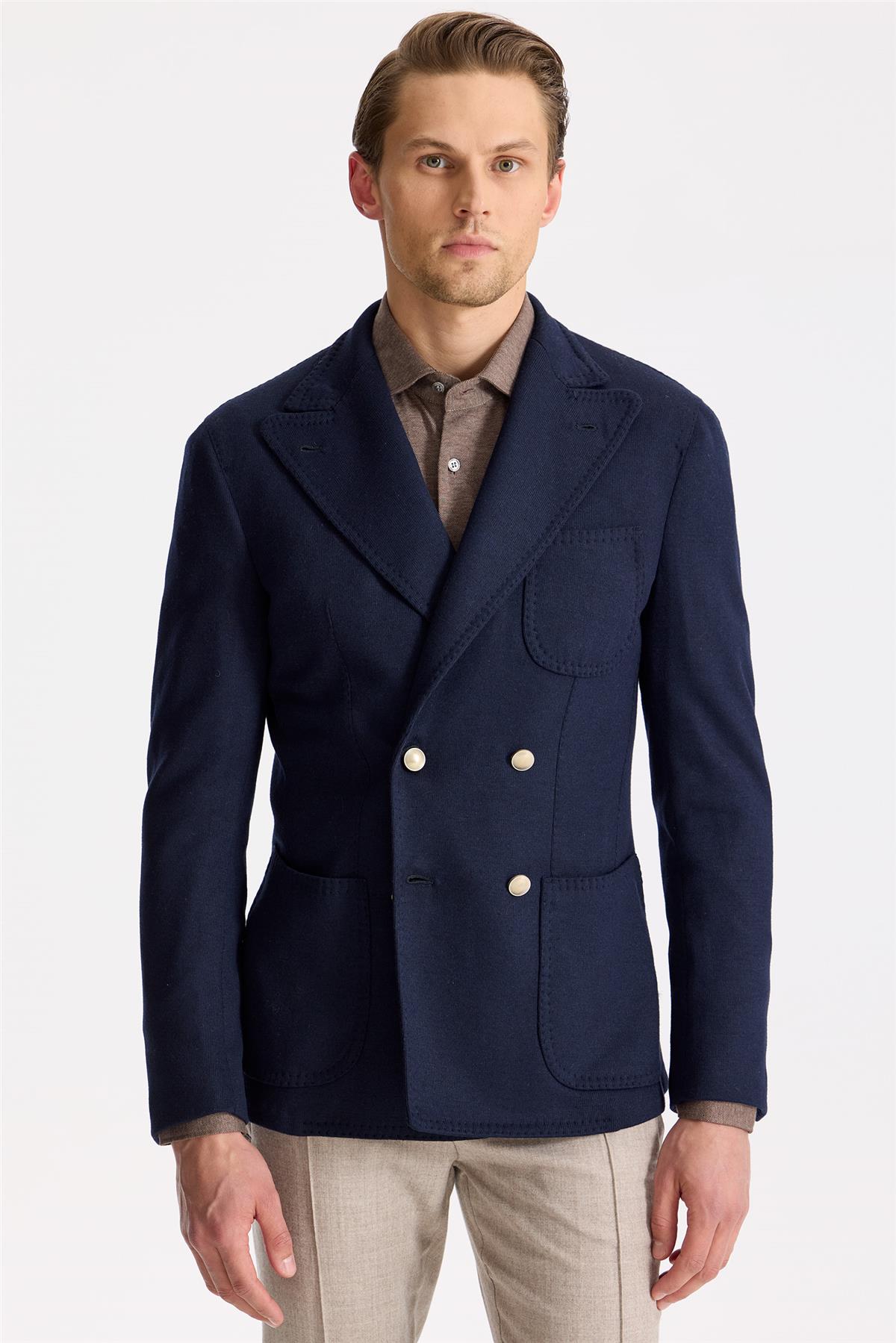 Lacivert Yün Kaşmir Triko Ceket - Image 3